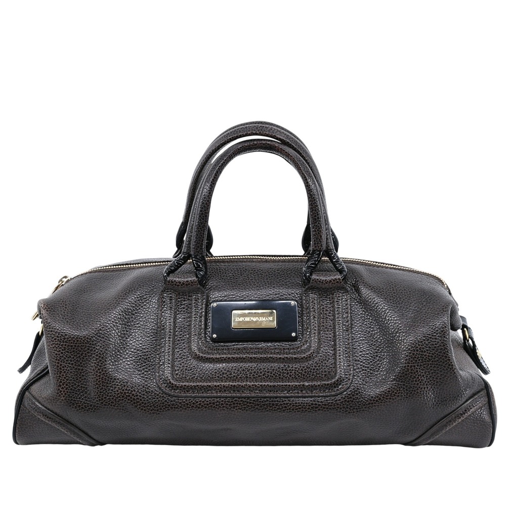 AUTHENTIC Emporio Armani LEGEND Dark Brown Grained Leather Bowling Bag Gold COA